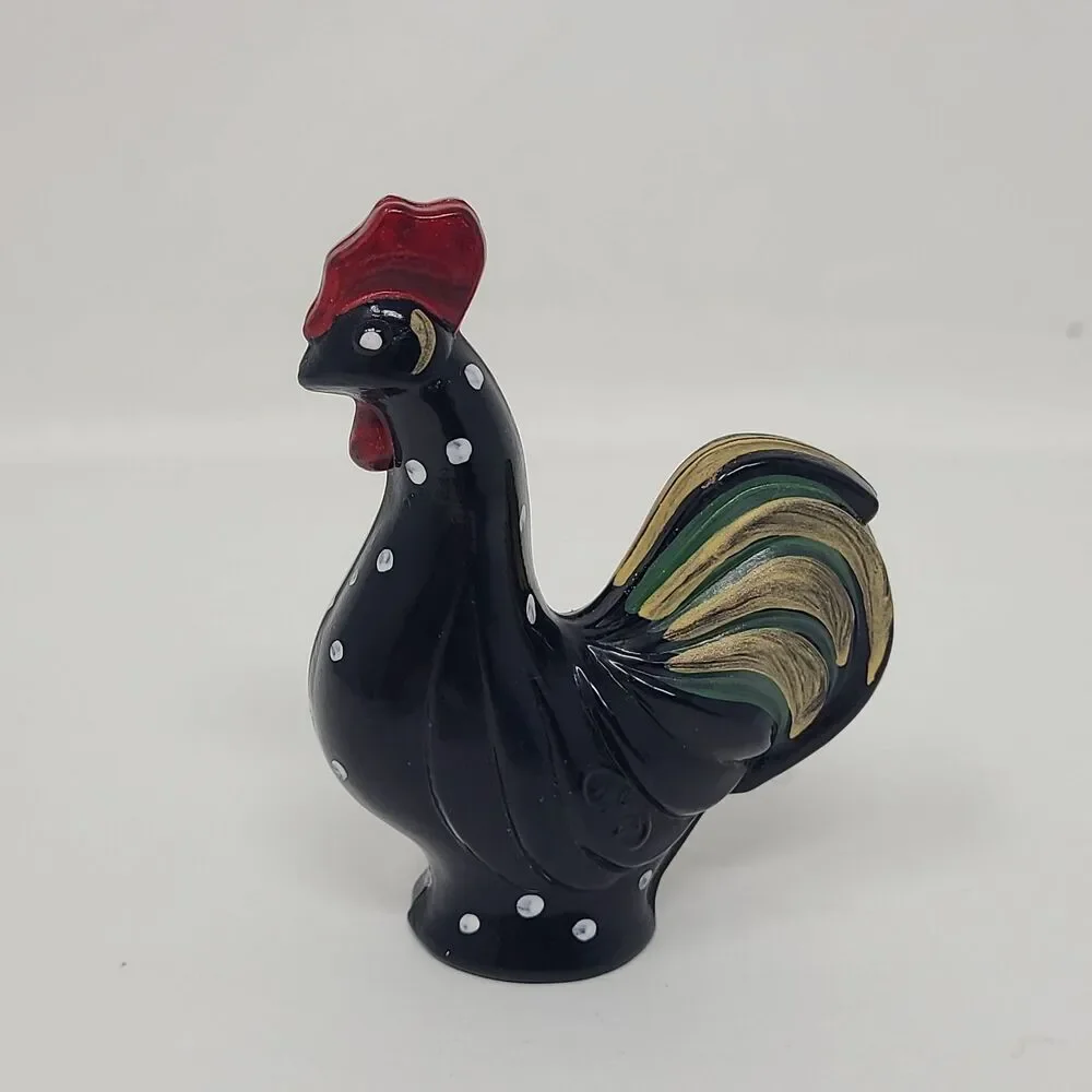 Fenton Black Satin Standing Spotted Rooster Hand Painted Gold Feathers Singed